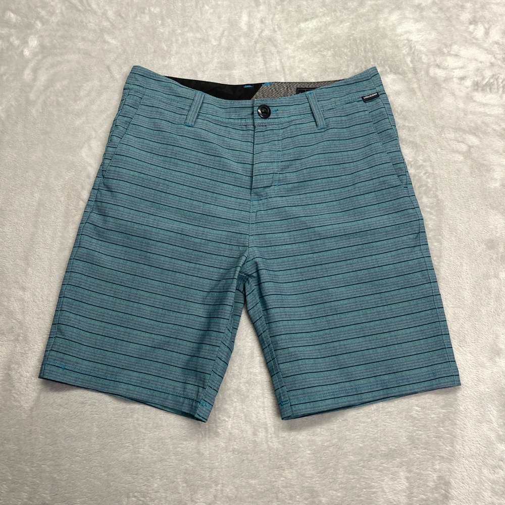 Volcom Hybrid Shorts Mens Size 30 Teal Blue Striped Stretch Walkshorts